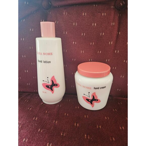 Vintage Cara Nome Hand Cream and Hand Lotion White Glass Jar and Bottle Pink - Picture 1 of 9
